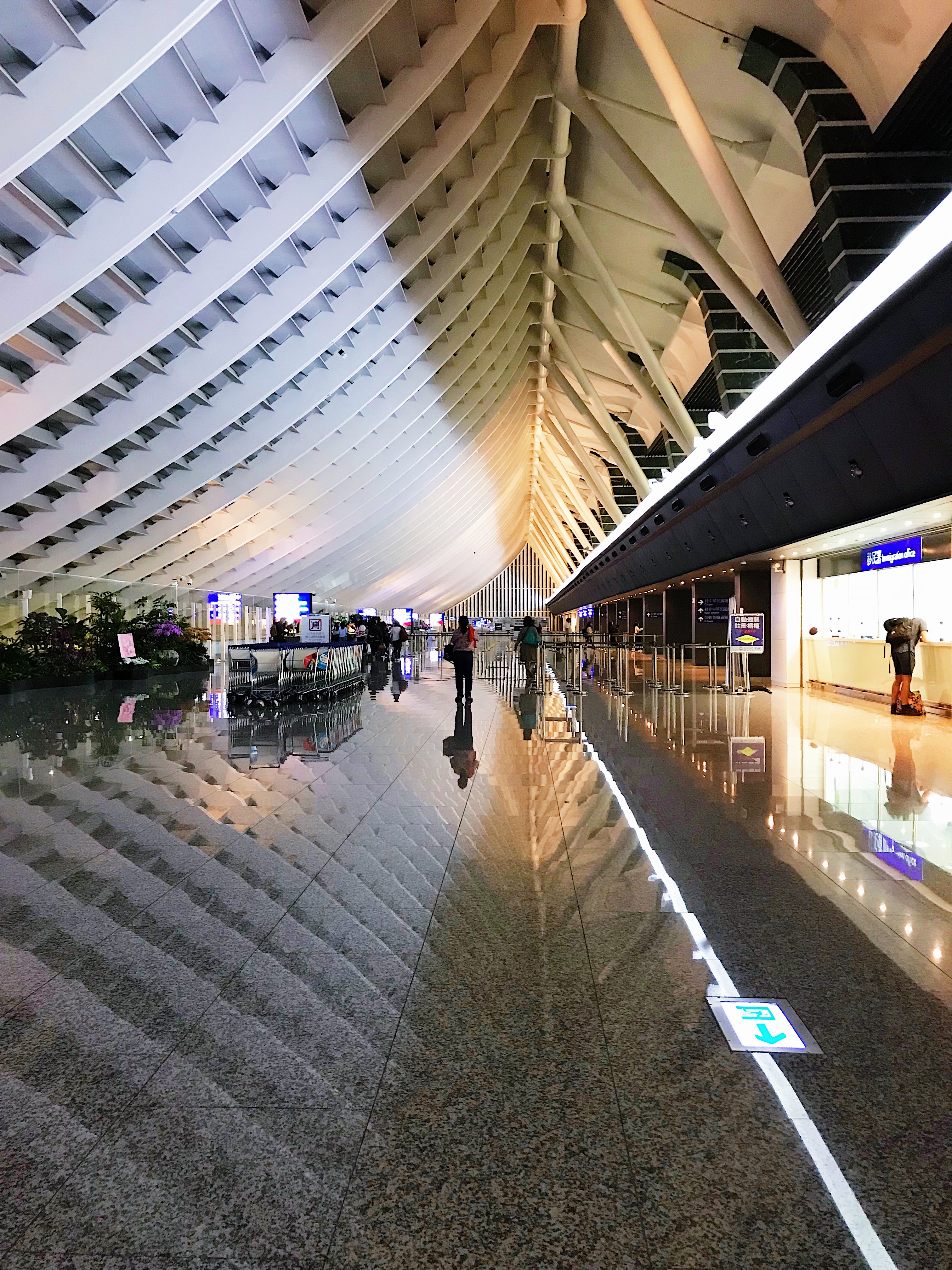 BEAUTIFUL INTERIOR. This is Taoyuan Taiwan Internation Airport's beautiful interior late at night.