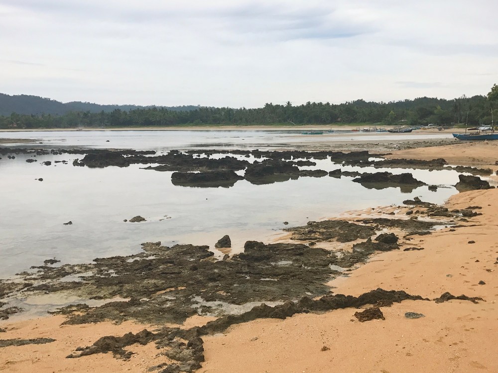 The sandy beach is emdedded with rocky surfaces,